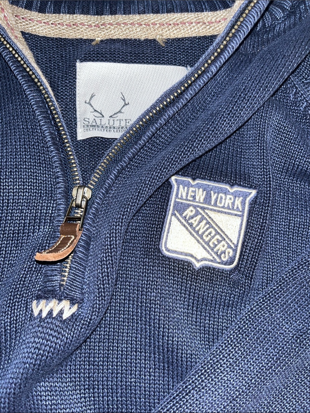Salute New York Rangers Men's Navy Zip-Neck Sweater. VGUC